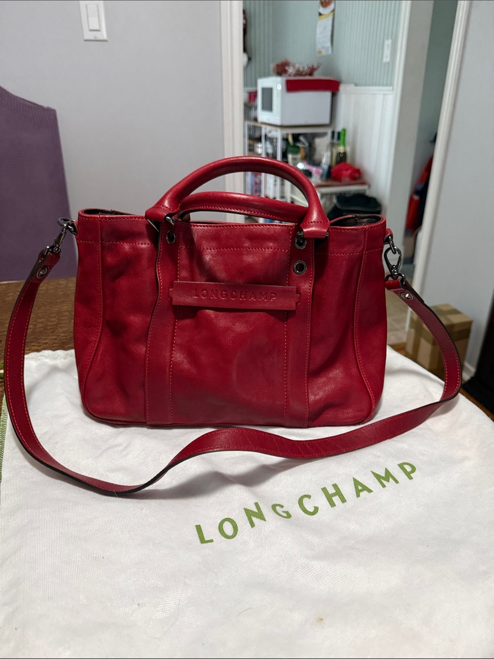 AuthenticvLongchamp Red Leather Satchel with Detachable Strap